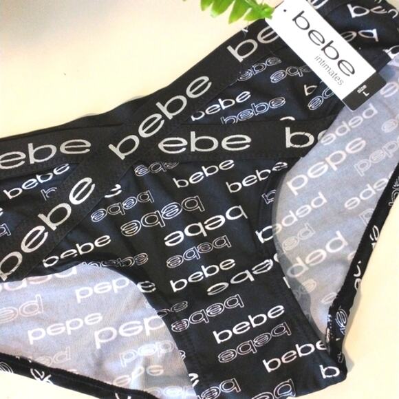 NEW! bebe Luxury Intimates Panty Size L Black Monogram Criss Cross Hi Cut - Picture 2 of 7